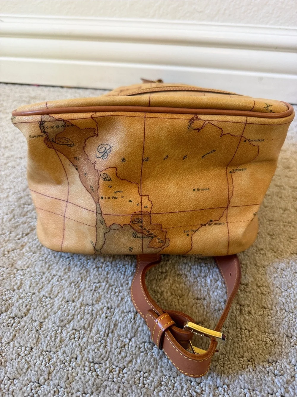 Vintage Alviero Martini 1A Classe Tan Map-Print Leather Sling Shoulder Bag